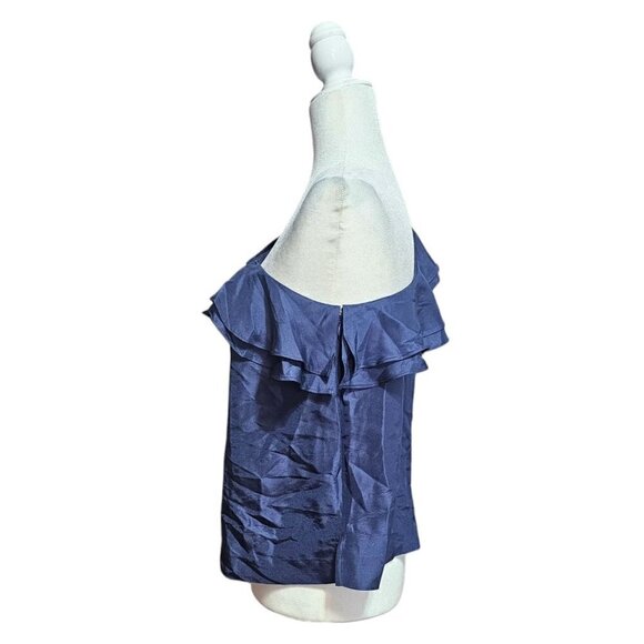 NWT J.Crew navy blue one shoulder silk top with ruffles balloon sleeve size 12P - Picture 2 of 8